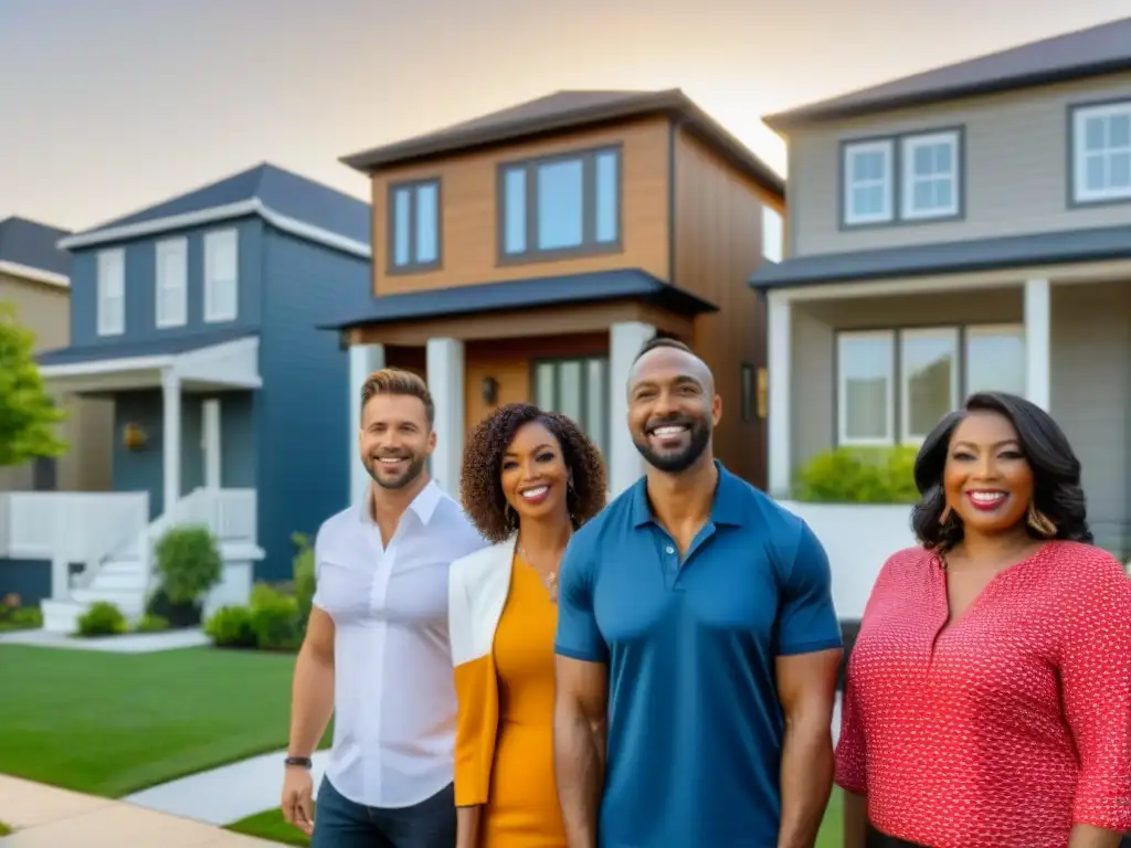 Comunidad feliz: Hogares justos para todos Comunidad feliz frente a sus hogares, simbolizando la Importancia de evaluaciones inmobiliarias justas