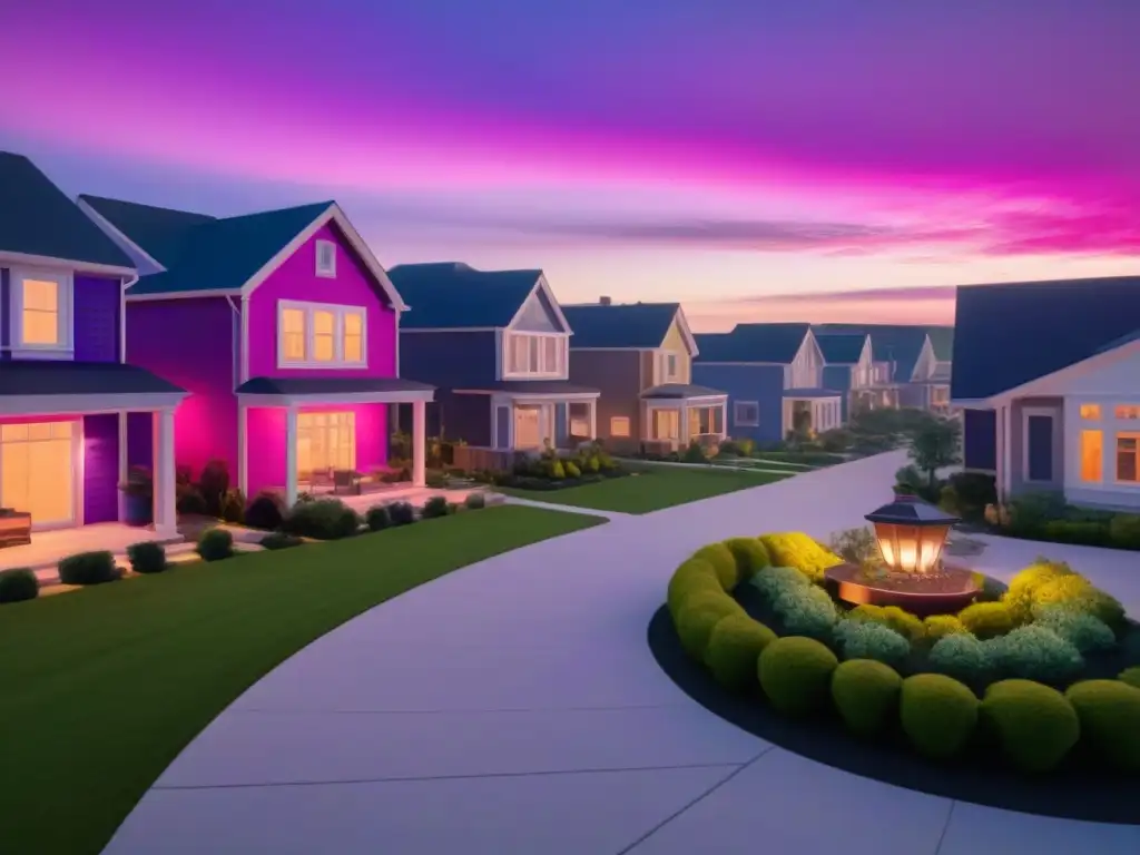 Vecindario moderno al atardecer: arquitectura única y comunidad vibrante Una comunidad moderna al anochecer con elegantes viviendas y residentes paseando perros