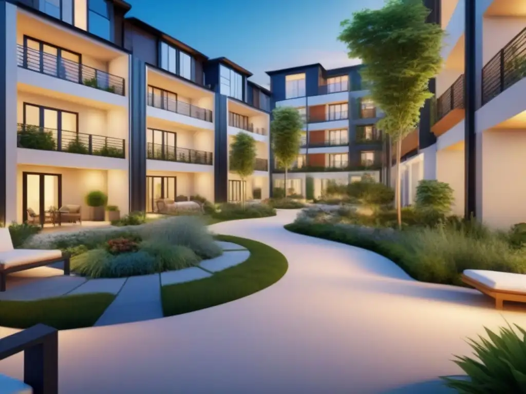 Retiro de lujo: residencias elegantes en entorno natural para inversores Una comunidad de retiro moderna y elegante rodeada de vegetación, con residentes mayores disfrutando de actividades como yoga y jardinería