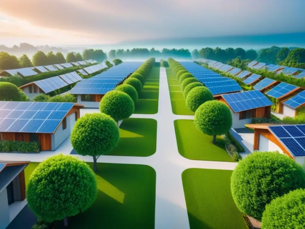Desarrollo urbano sostenible: innovación y comunidad Una comunidad sostenible con edificios ecofriendly, paneles solares y gestión eficiente del agua