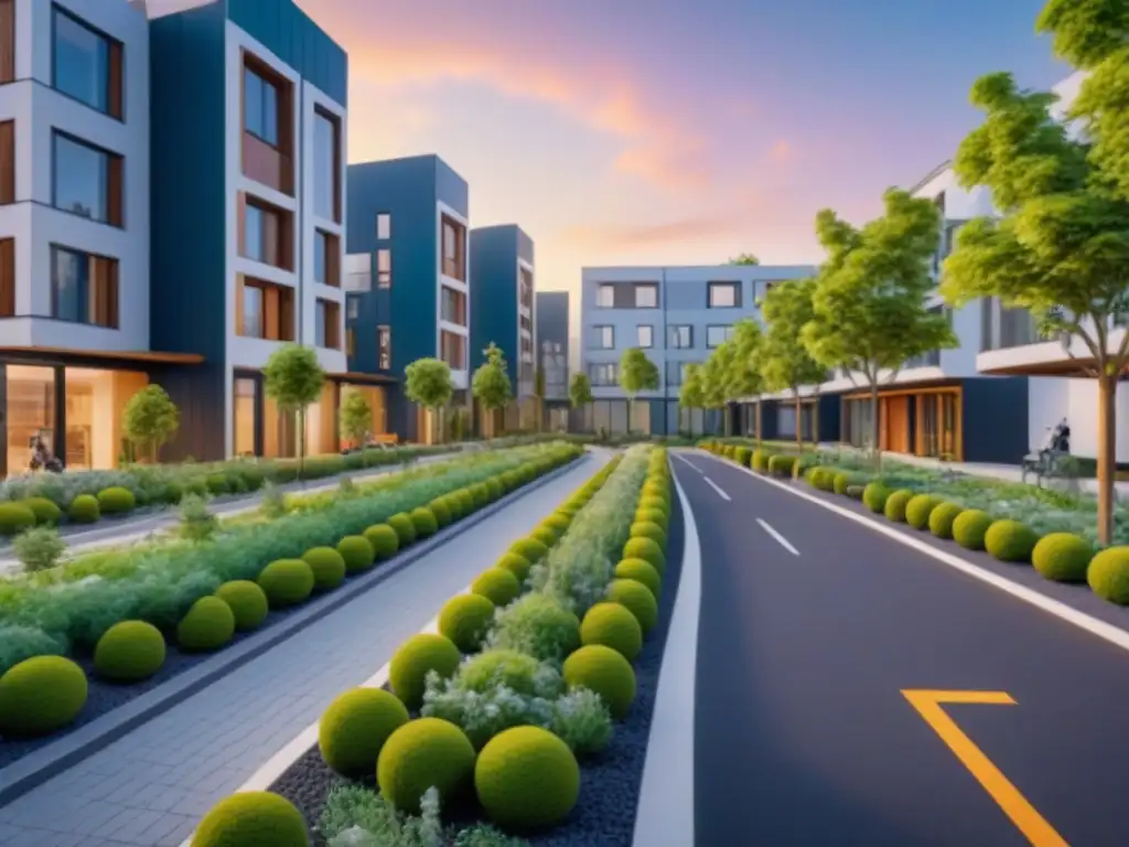 Desarrollo inmobiliario sostenible: energía limpia y comunidad vibrante Una comunidad sostenible con edificios energéticos, paneles solares y jardines verdes