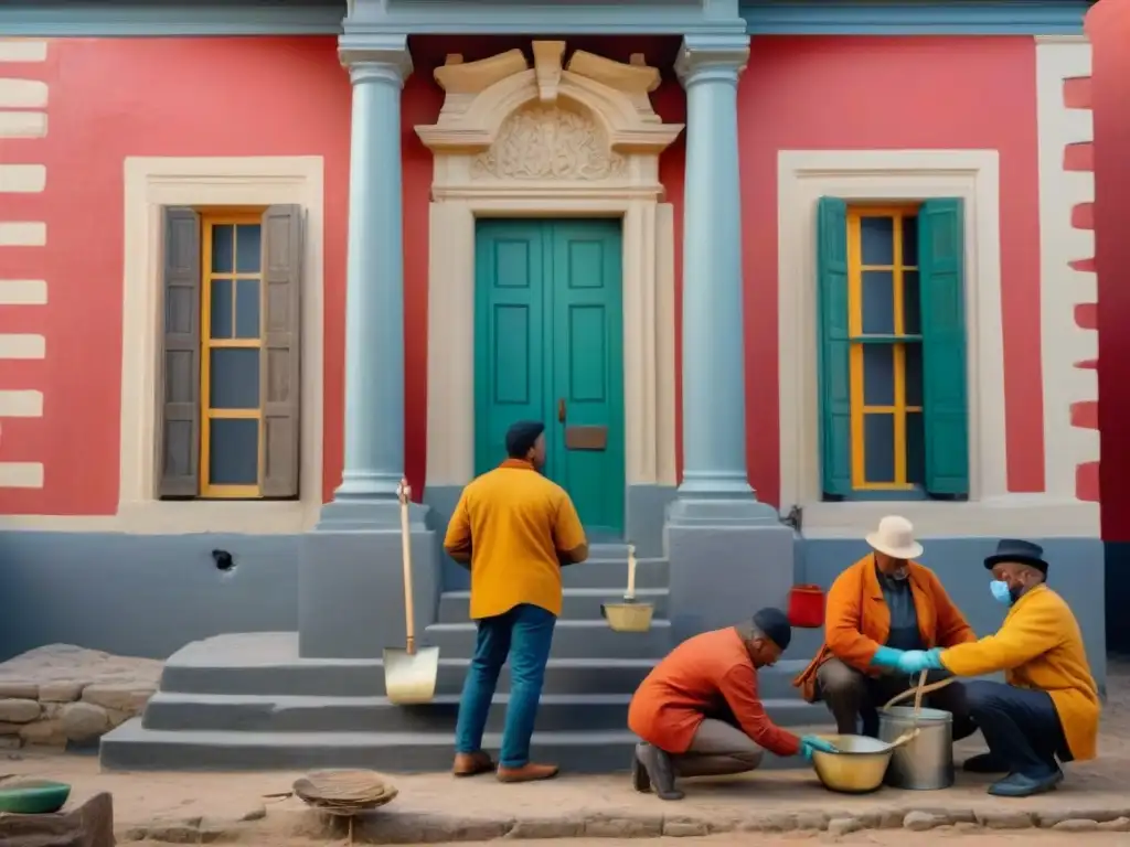 Restauración comunitaria: diversidad y colaboración en acción Comunidad unida restaurando edificio histórico con herramientas coloridas