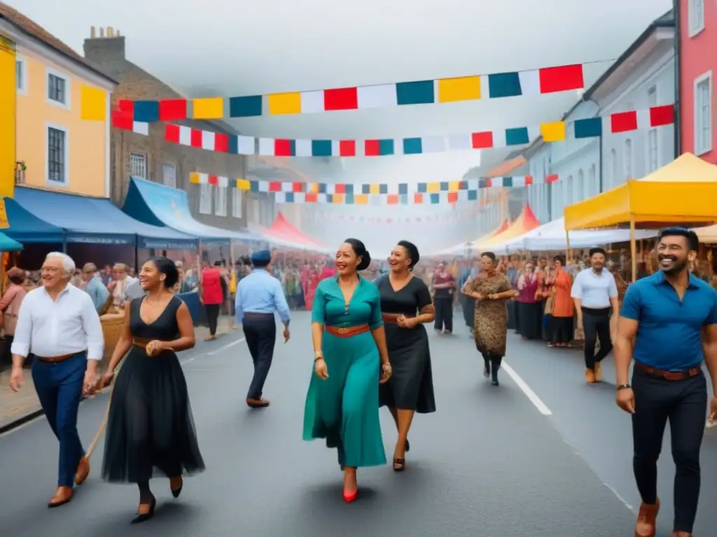 Festival multicultural: tradición y diversidad en comunidad Celebración comunitaria: niños maravillados, adultos participando y ancianos compartiendo historias en un festival callejero