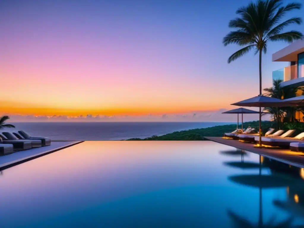 Residencial de lujo en el Caribe al atardecer Condominio de lujo al atardecer caribeño, arquitectura moderna con ventanas panorámicas reflejando el cielo