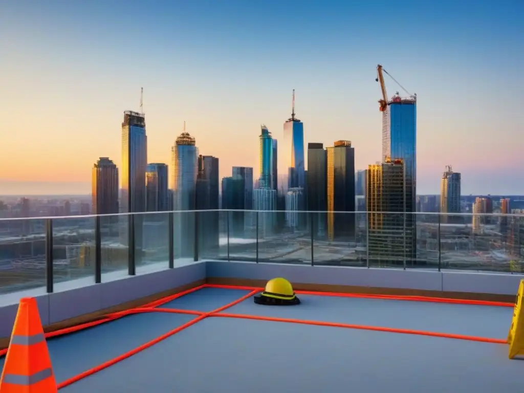 Edificio de lujo en construcción con vista panorámica a la ciudad Un condominio de lujo en construcción con diseño moderno y ventanales, rodeado de obreros