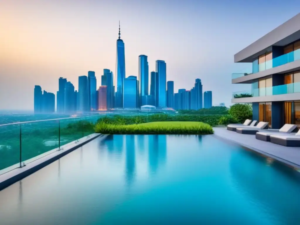 Condominio de lujo: modernidad y crecimiento en la ciudad Un condominio moderno de lujo con exteriores de cristal, jardines, piscina y gimnasio