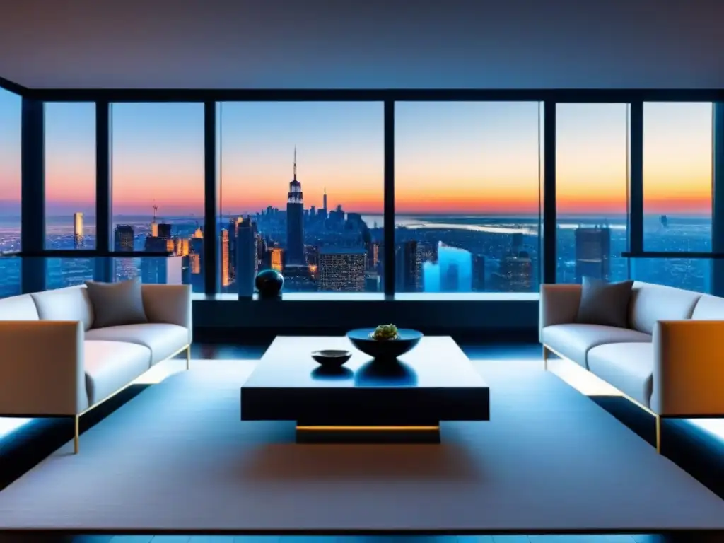 Salón de lujo moderno con vistas panorámicas en propiedad exclusiva Consejos para visitas en propiedades de lujo: sala moderna con vista panorámica y elegante diseño