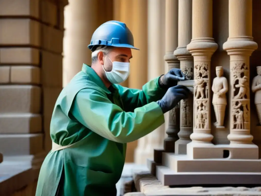 Restauración experta de patrimonio histórico Conservacionista restaurando detalladas esculturas en edificio histórico, prevención deterioro edificios históricos