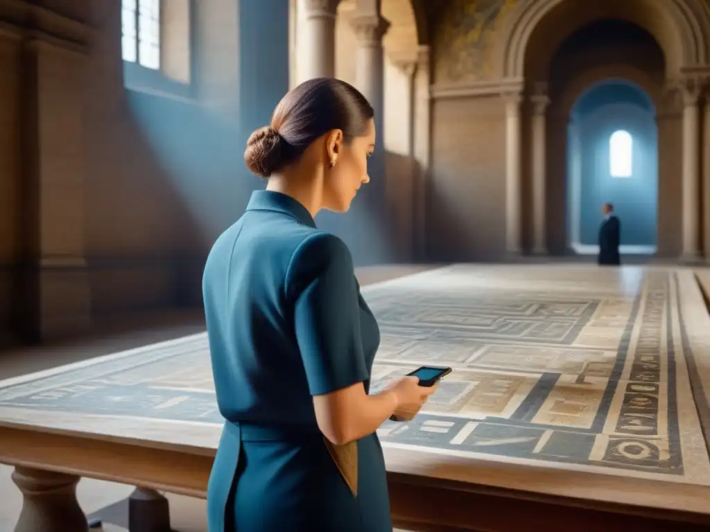 Conservador digital captura mosaico histórico con tecnología avanzada Conservador digitaliza mosaico histórico con tecnología avanzada en edificio antiguo