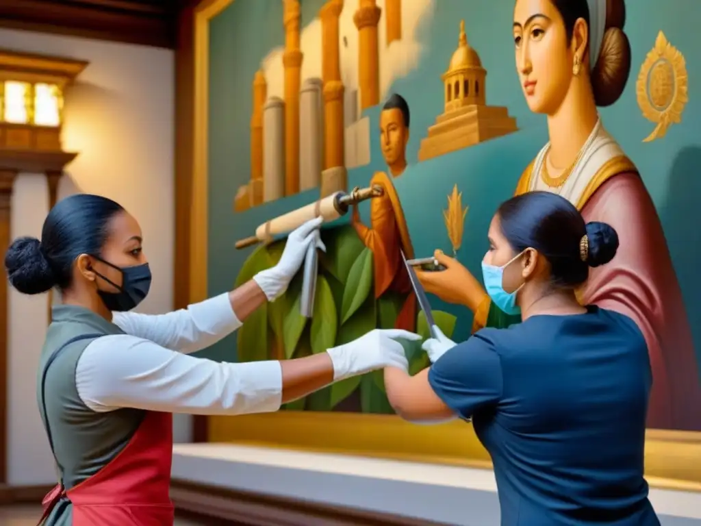 Restauración meticulosa de mural centenario por expertos en conservación Conservadores restaurando mural centenario: unión de técnicas tradicionales y tecnología moderna para preservar identidad cultural