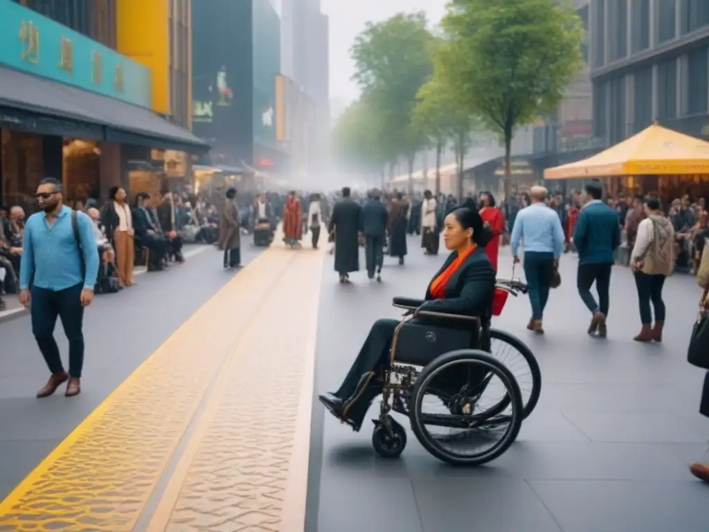Escena urbana inclusiva y diversa con accesibilidad y arte público Construcción de ciudades inclusivas con diversidad cultural en una calle urbana vibrante