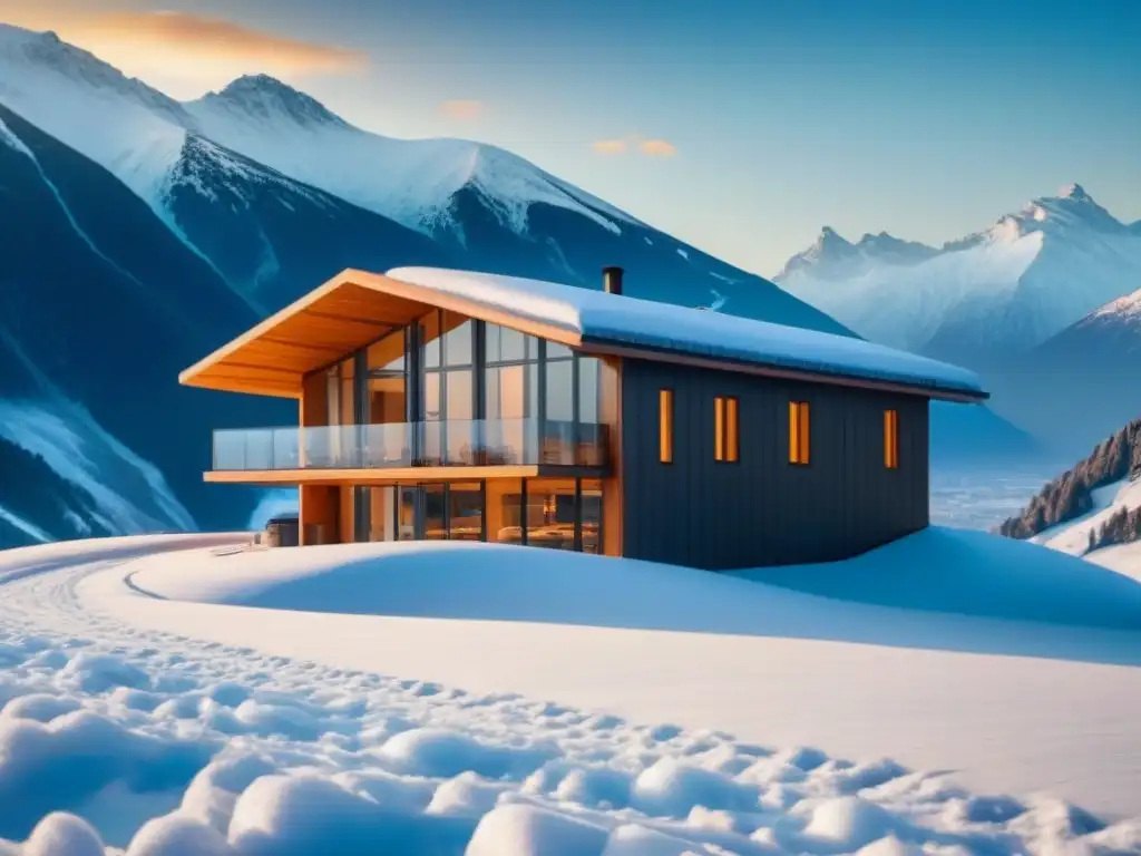 Edificio ecológico en paisaje nevado: arquitectura sostenible en la montaña Construcción en climas fríos sustentable: Edificio moderno integrado en paisaje nevado con paneles solares y diseño único