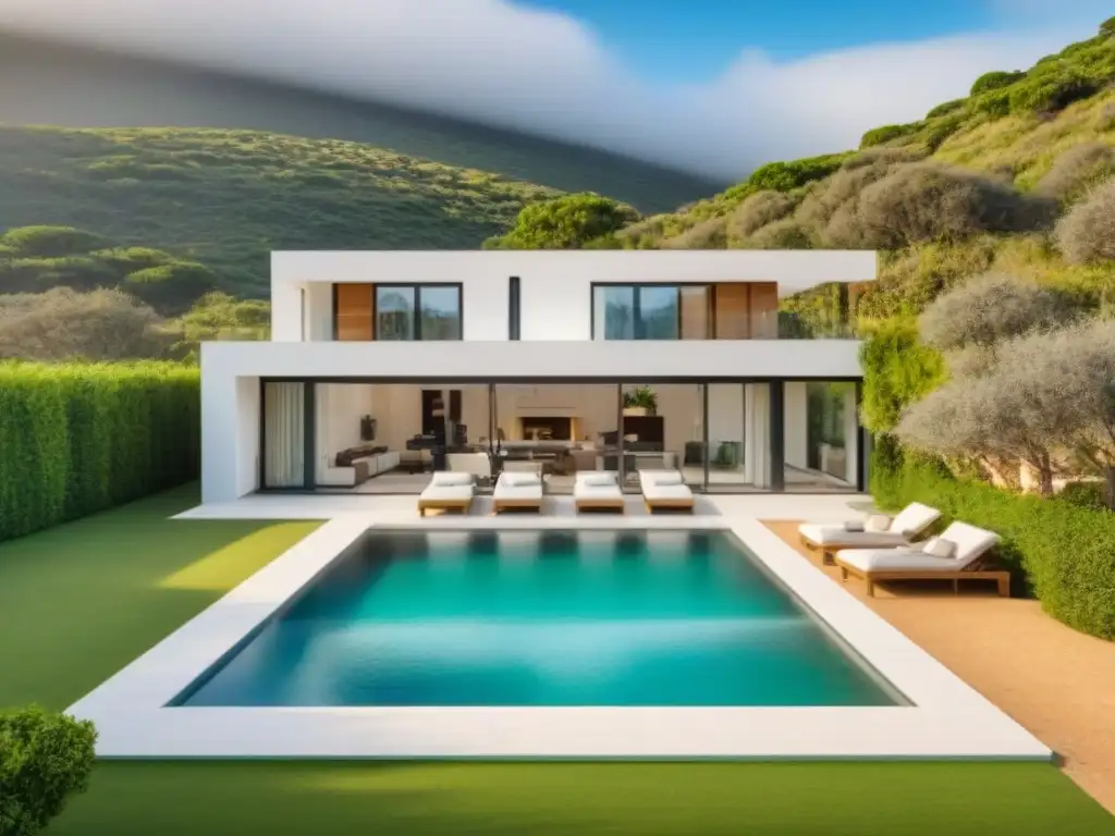 Villa contemporánea eco-amigable con paneles solares y diseño moderno Villa contemporánea en España con paneles solares, rodeada de vegetación exuberante y gran luminosidad natural