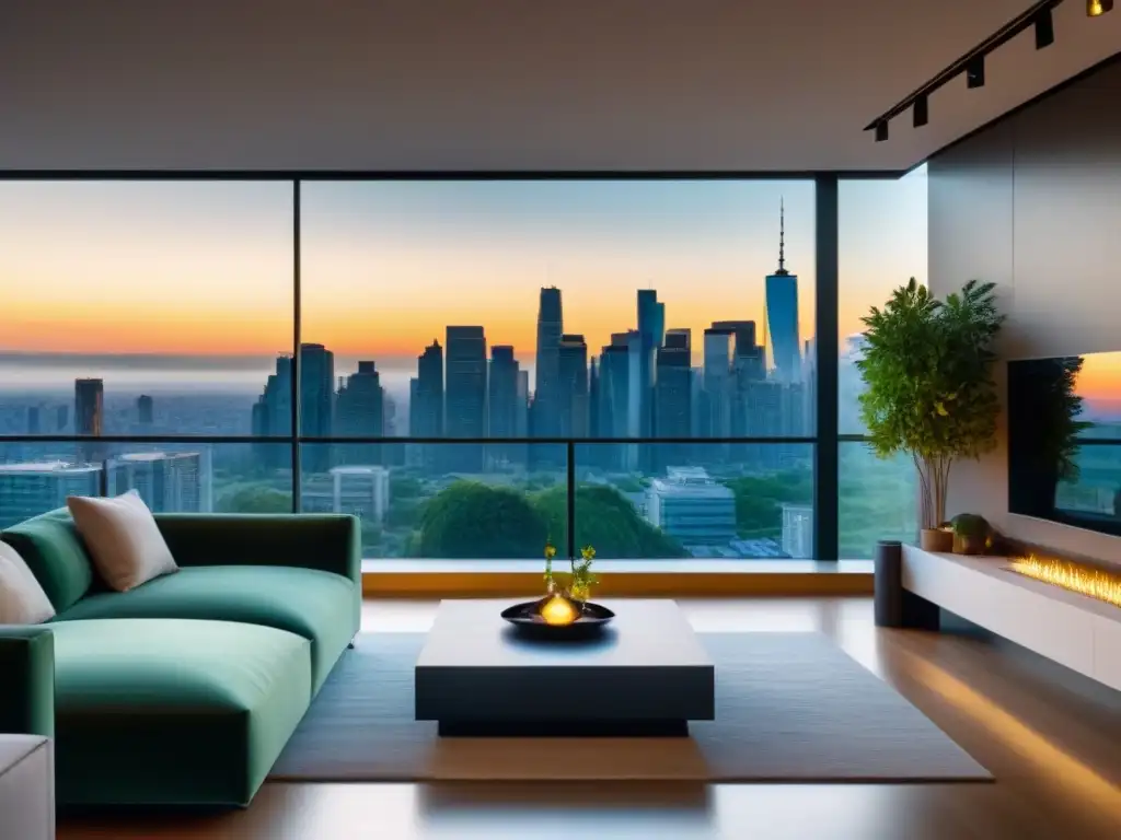 Sala moderna con ventana panorámica al atardecer Diseño contemporáneo con ventana piso techo que enmarca la ciudad al atardecer