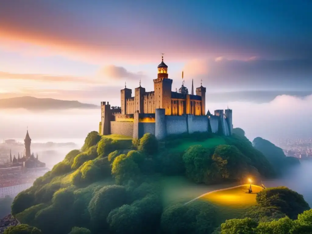 Armonía urbana: castillo centenario y rascacielos de cristal al atardecer Contraste entre lo antiguo y lo moderno: un rascacielos de vidrio detrás de un castillo de piedra centenario al atardecer