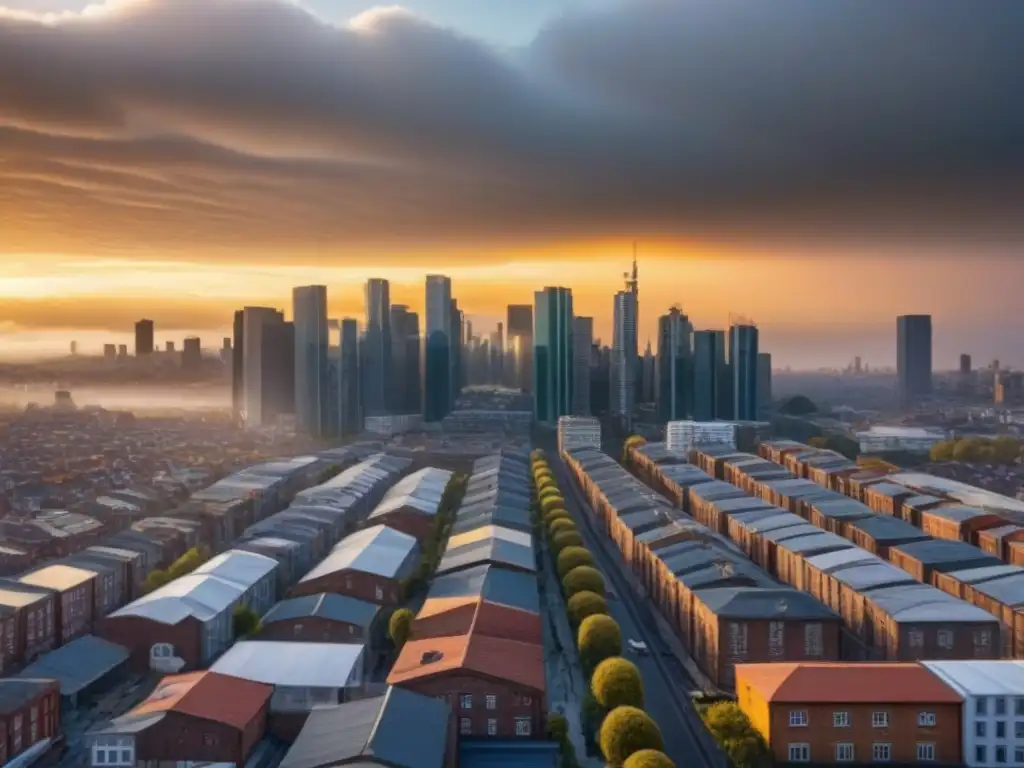 Contraste urbano: evolución arquitectónica en la era postpandemia Contraste entre antiguos edificios de ladrillo y modernos rascacielos de cristal, reflejando el impacto pandemia mercado inmobiliario viviendas