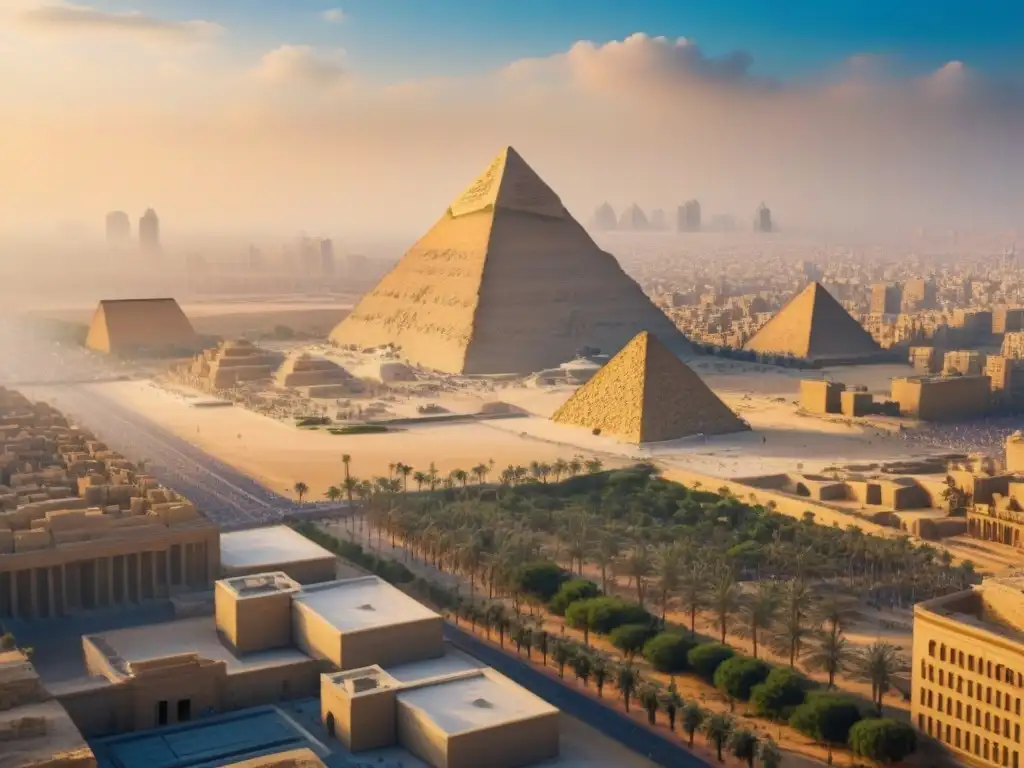Contraste épico: Pirámide de Giza vs Contraste de la arquitectura egipcia y diseño moderno en imagen 8k detallada
