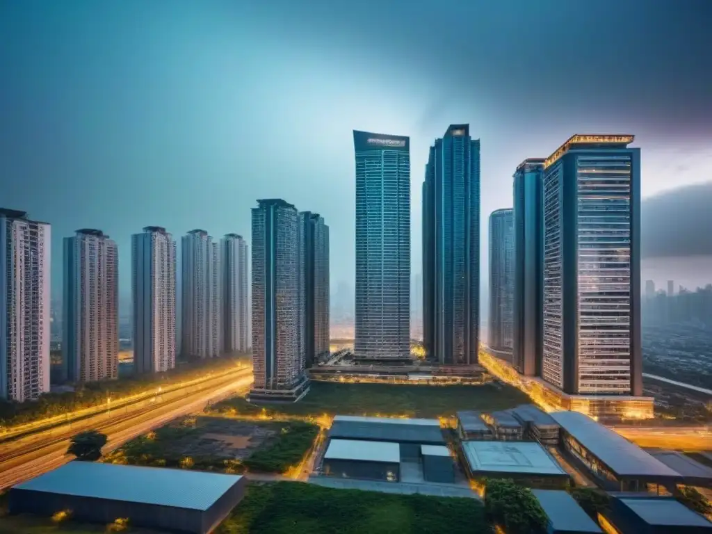 Contraste urbano: lujo y decadencia en real estate Contraste impactante: rascacielos lujosos impecables junto a edificios decadentes, simbolizando la corrupción en inversión inmobiliaria
