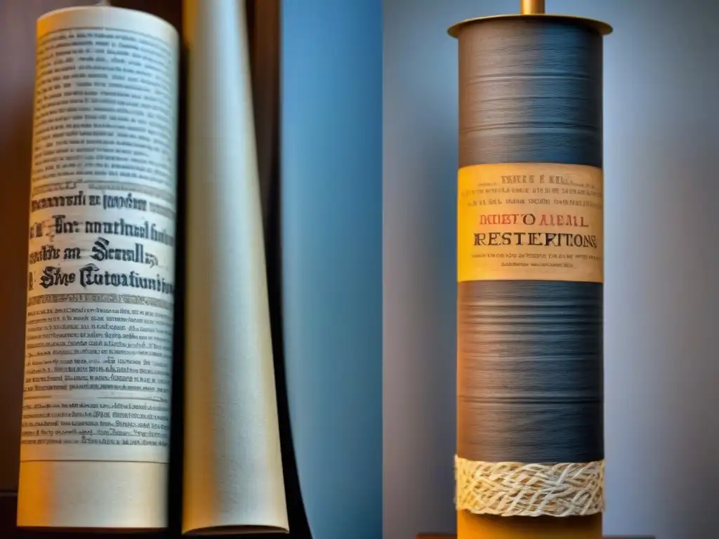 Contraste entre preservación y restauración de pergaminos antiguos Contraste entre preservación y restauración: dos pergaminos antiguos, uno impecable y vibrante, el otro restaurado con esmero