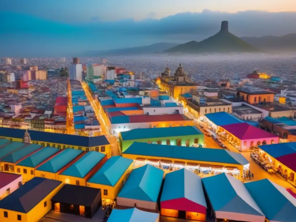 Contraste urbano: Ciudad Mexicana entre rascacielos y casas tradicionales Contraste urbano entre rascacielos modernos y casas coloridas en México, reflejando la legislación inmobiliaria en México