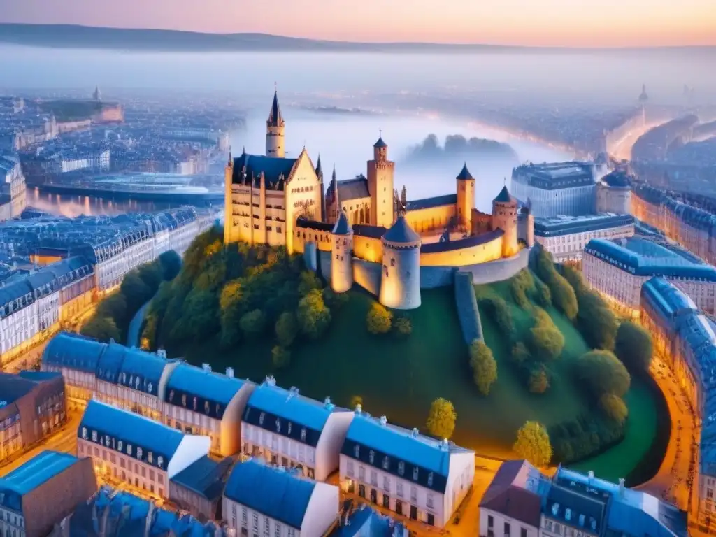 Contraste épico: historia medieval y modernidad urbana en ciudad europea Contraste entre conservación patrimonio y valor inmobiliario en ciudad europea histórica y moderna