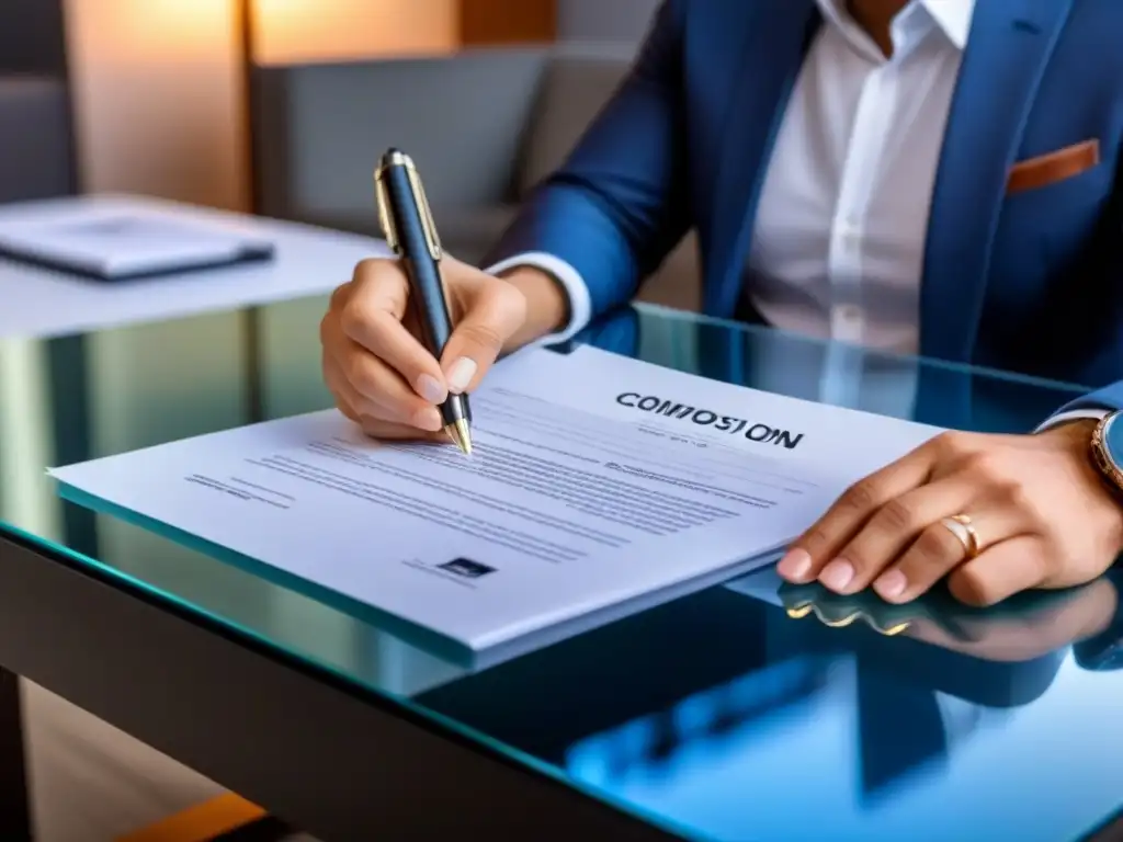 Firma de contrato de compra de casa en español Un contrato de compraventa inmobiliaria firmado con una pluma, junto a llaves, destacando aspectos legales