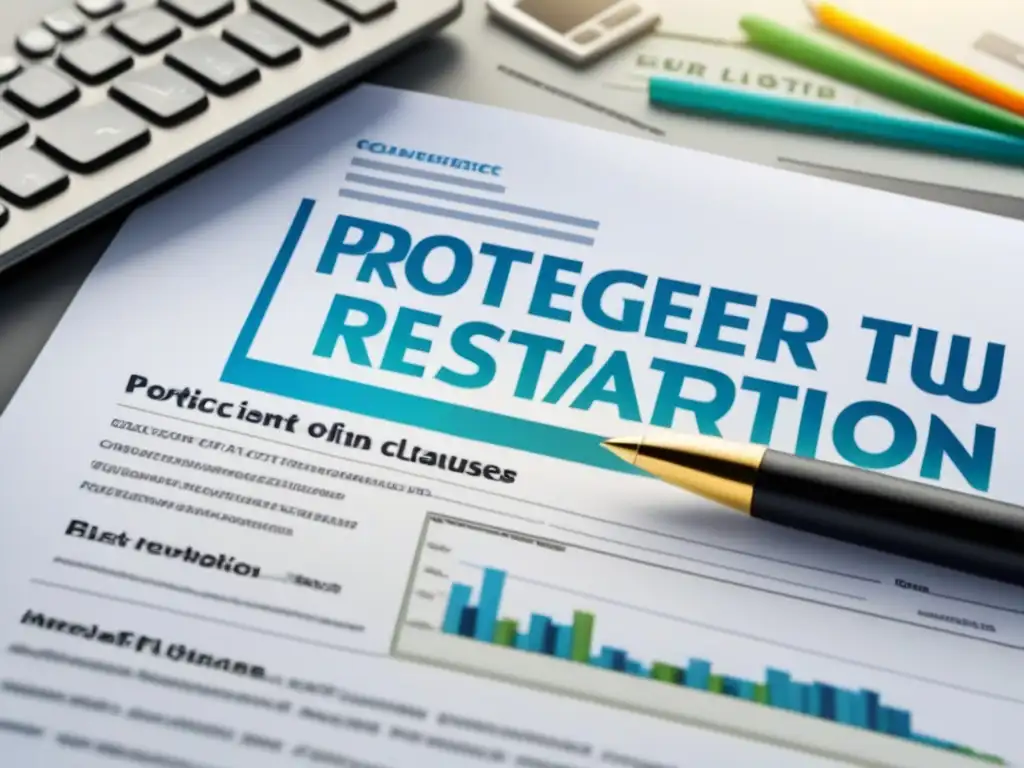 Contrato inmobiliario: proteger tu inversión con cláusulas críticas Un contrato detallado de restauración inmobiliaria con cláusulas críticas resaltadas en calligrafía, rodeado de planos y herramientas de construcción