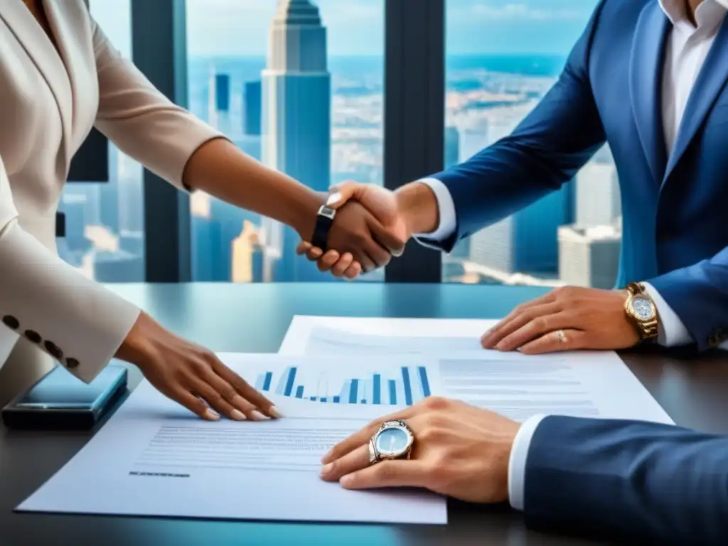 Contrato de lujo firmado en oficina inmobiliaria moderna Contratos arras inmobiliarios seguridad: Firma de contrato en lujosa oficina con vista a la ciudad