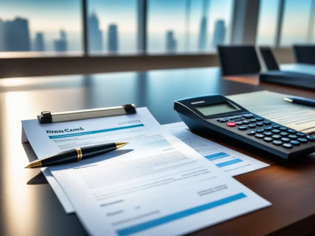 Contrato de leasing: firma legal y cálculos financieros Contratos de arrendamiento opción compra inversión en un escritorio moderno con documentos legales y calculadora, iluminado por luz natural