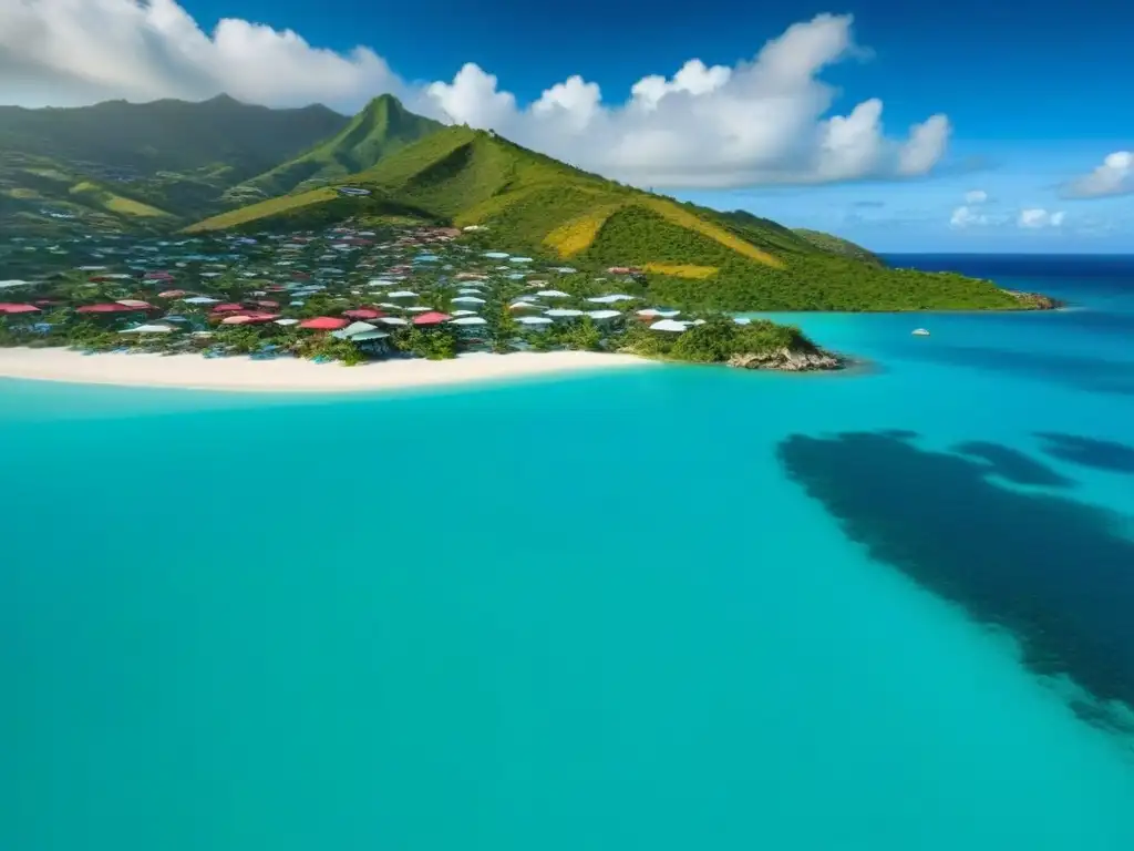 Costa paradisíaca de Antigua y Barbuda: aguas turquesas y playas de ensueño Costa impresionante de Antigua y Barbuda, aguas turquesas, playas blancas, colinas verdes, casas coloridas