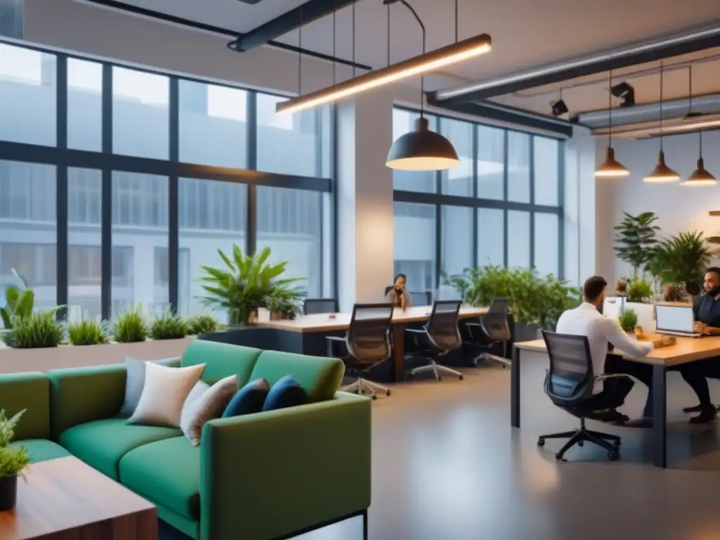 Espacio de coworking moderno: productividad, creatividad y comunidad Invertir en coworkings mercado inmobiliario: Espacio de coworking moderno y vibrante, con profesionales trabajando de forma colaborativa y productiva
