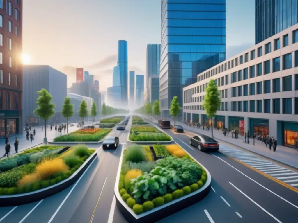 Ciudad sostenible: intersección urbana innovadora Un cruce urbano vibrante con diseño innovador y elementos sostenibles