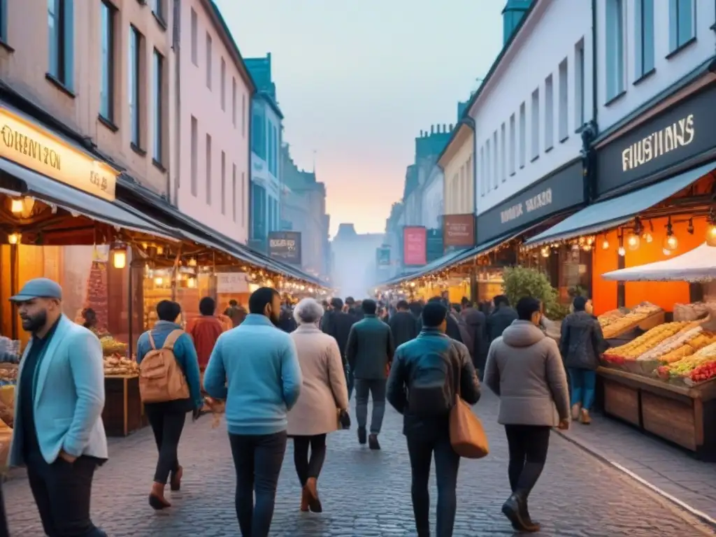 Una representación cultural del desarrollo urbano en una bulliciosa calle llena de gente diversa interactuando en armonía