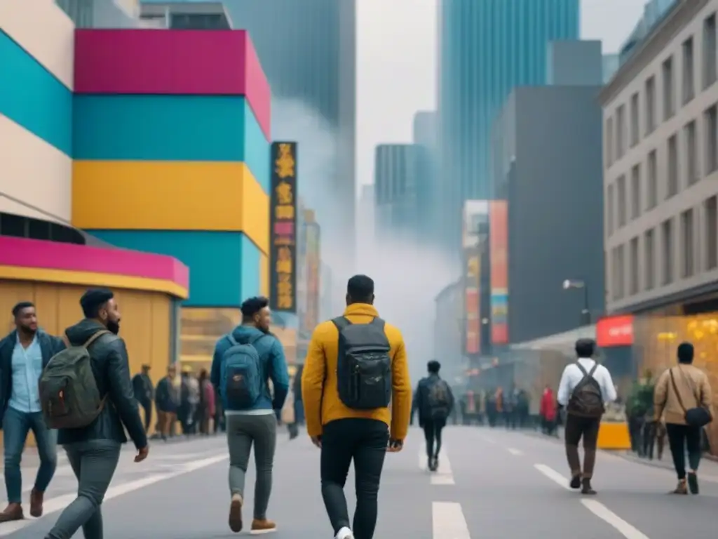 La representación cultural en el desarrollo urbano se refleja en una calle bulliciosa con diversidad de personas y arquitectura única