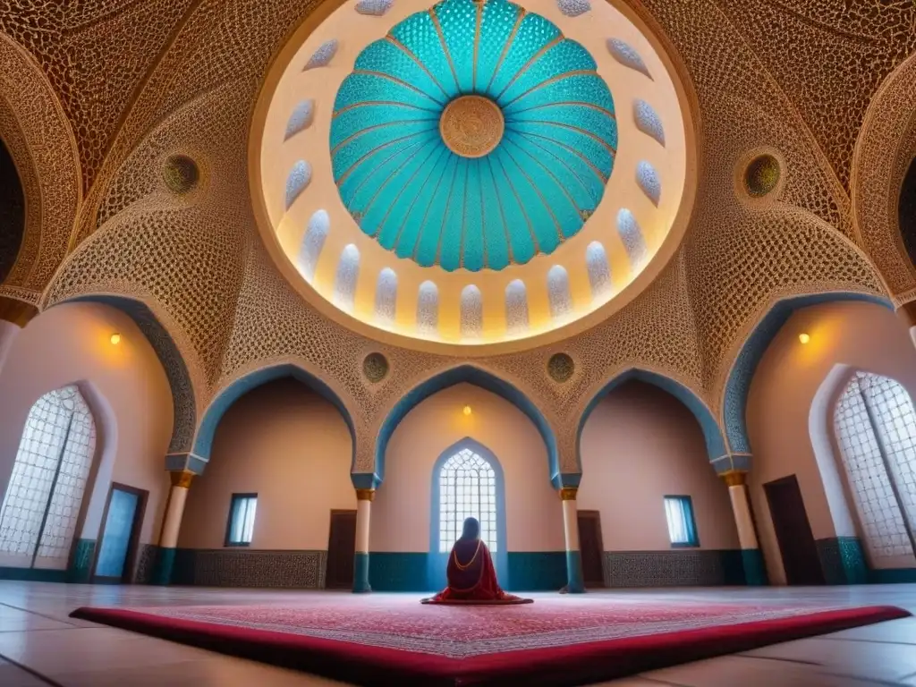 Esplendor islámico: cúpula majestuosa en alta resolución Una cúpula majestuosa en una mezquita islámica muestra patrones geométricos, colores vibrantes y detalle artesanal