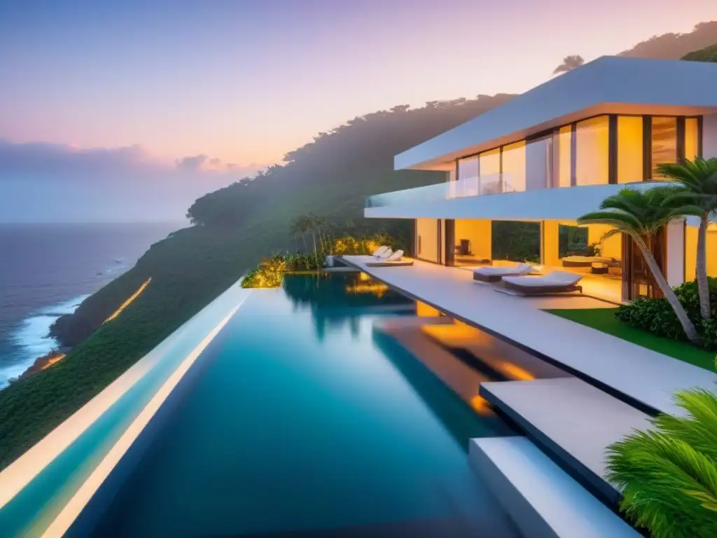 Residencia de lujo en acantilado con vista al mar al atardecer Derechos de autor en propiedades: lujosa mansión moderna en acantilado con vista al mar al atardecer