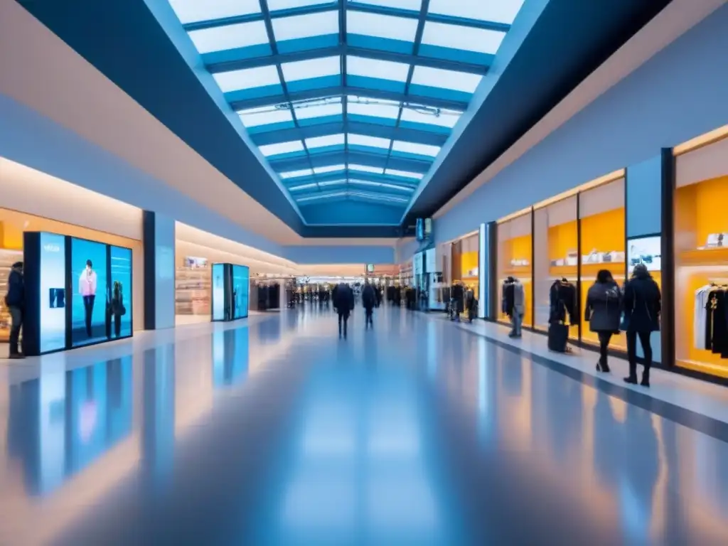 Centro comercial futurista lleno de vida y tecnología de vanguardia Desarrollo de espacios comerciales innovadores: Centro comercial futurista con tecnología de vanguardia y compradores elegantes
