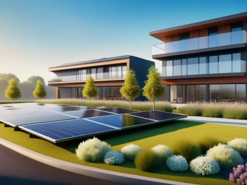 Desarrollo inmobiliario sostenible: diseño moderno y ecoamigable Desarrollo inmobiliario sostenible: edificio ecoamigable con paneles solares y jardín en la azotea, rodeado de naturaleza exuberante