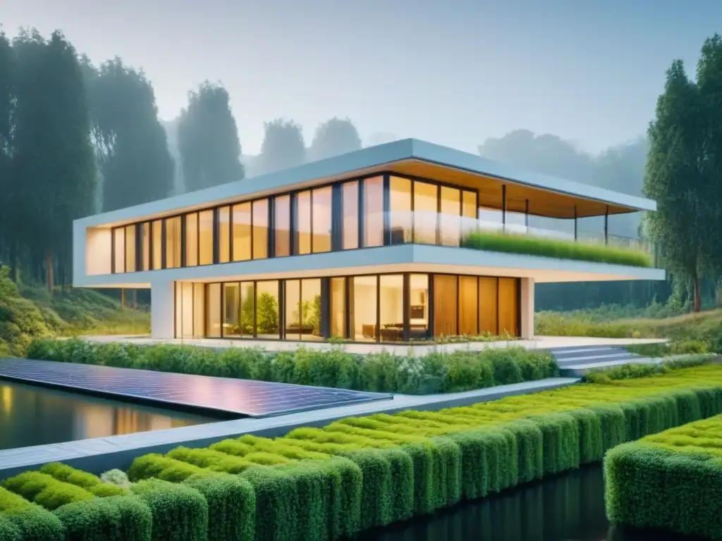Edificio futurista sostenible en entorno verde Innovación en desarrollo inmobiliario sostenible: diseño futurista de edificio rodeado de naturaleza exuberante y características eco-friendly