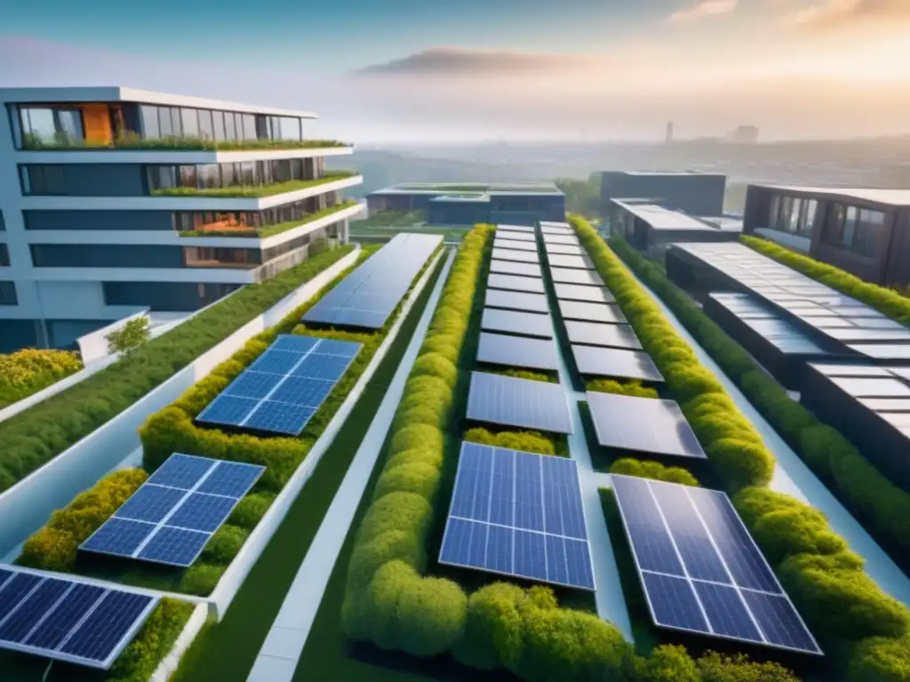 Desarrollo inmobiliario sostenible: diseño ecofriendly futurista Un desarrollo inmobiliario sostenible y moderno con techos verdes, paneles solares y sistemas eficientes de agua