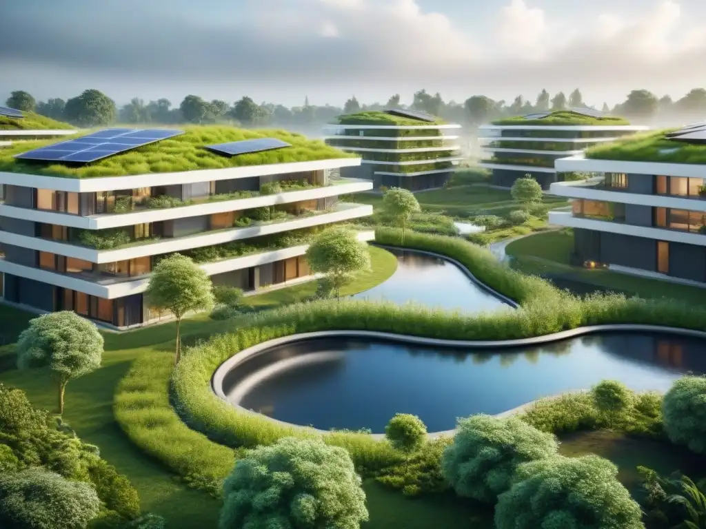 Desarrollo sostenible futurista: integración de naturaleza y tecnología Desarrollo inmobiliario sostenible integrando sistemas de agua innovadores en un entorno verde