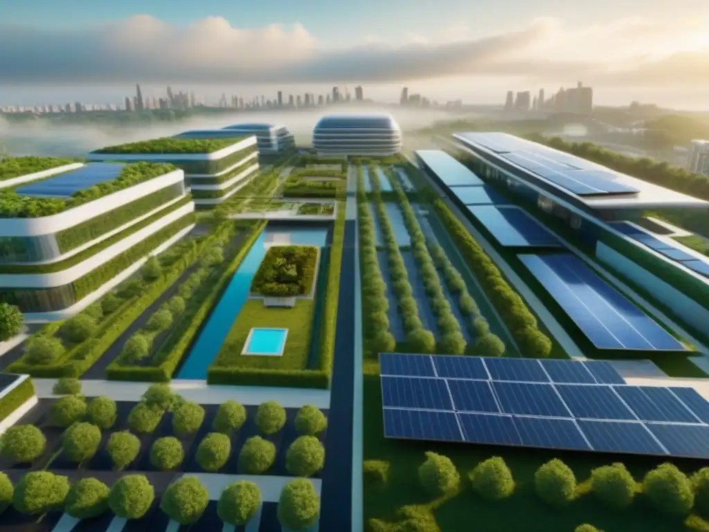 Desarrollo futurista sustentable con arquitectura moderna en 8k Un desarrollo mixto de vanguardia con centros comerciales multifuncionales, integrando arquitectura moderna y sostenibilidad en un paisaje urbano
