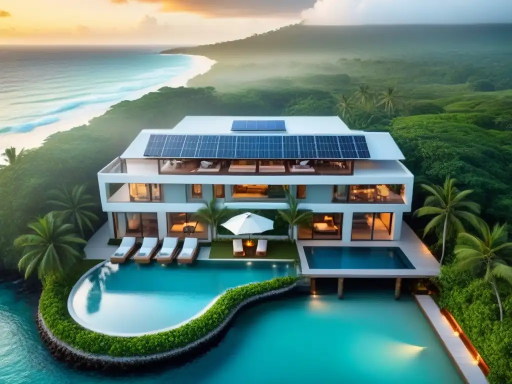 Resort eco-lujoso en el Caribe: arquitectura sostenible entre palmeras y aguas turquesas Desarrollo sostenible en resort de lujo en el Caribe, arquitectura ecofriendly integrada con paisaje tropical
