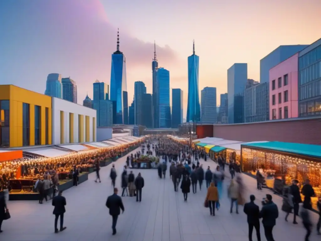 Metrópolis vibrante: armonía cultural en moderno desarrollo urbano Desarrollo urbano y arte inmobiliario en una ciudad vibrante al anochecer, con rascacielos iluminados y actividad cultural en las calles