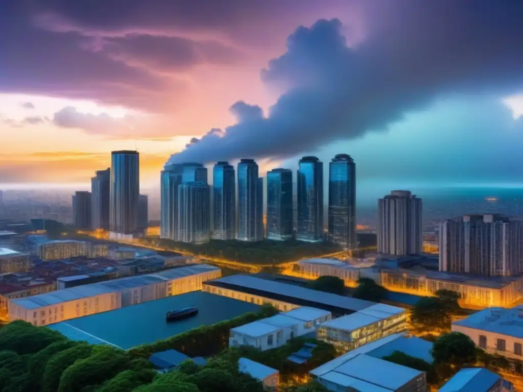 Metrópolis moderna bajo amenaza climática Desarrollo urbano y cambio climático: ciudad iluminada al atardecer con rascacielos modernos y nubes de tormenta