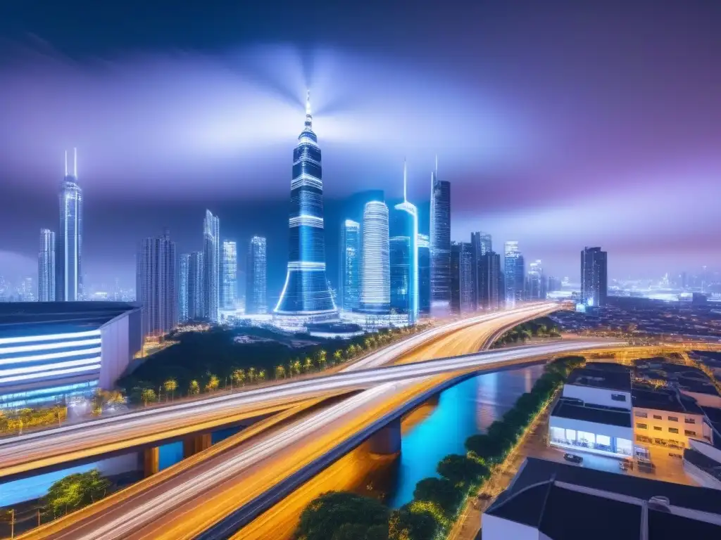 Metrópolis futurista: luces y tecnología AI en acción Tecnología IA en desarrollo urbano: Ciudad nocturna llena de modernidad, con vehículos futuristas y edificios innovadores