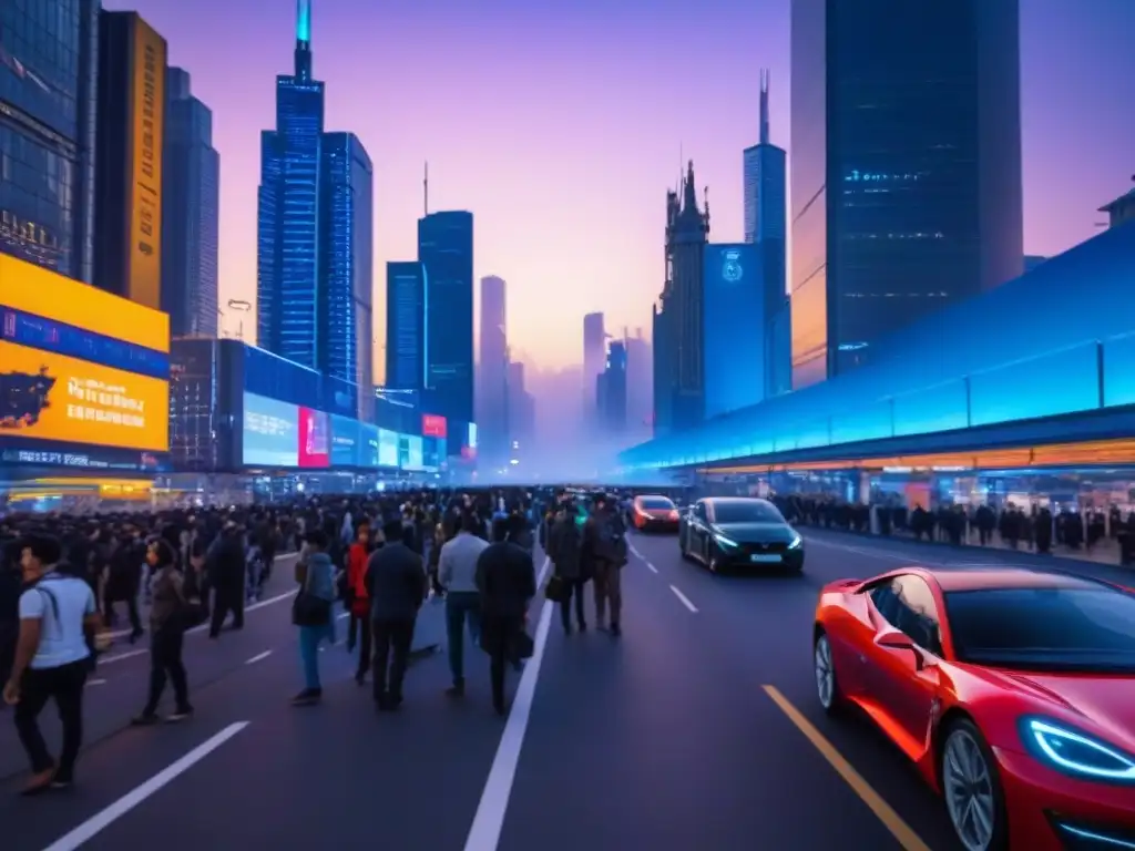 Metrópolis futurista: luces y energía urbana al atardecer Desarrollo urbano en una gran ciudad al atardecer, con rascacielos iluminados y una escena callejera vibrante
