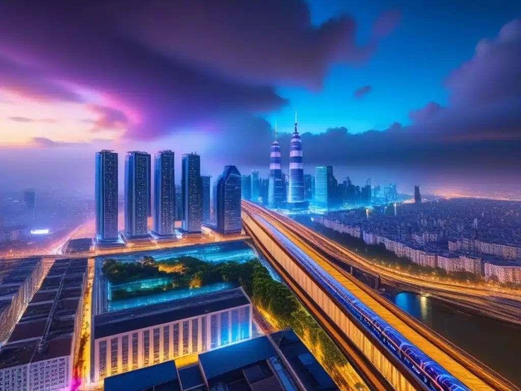 Metrópolis futurista: luces, multitudes y transporte innovador Desarrollo urbano en grandes ciudades: Noche vibrante con rascacielos iluminados, calles llenas de gente y transporte futurista