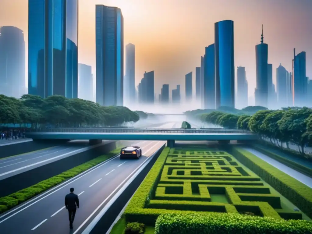 Metrópolis futurista: arquitectura moderna y naturaleza en armonía Desarrollo urbano en grandes ciudades: un paisaje futurista de rascacielos con atardecer reflejado, naturaleza y tecnología integradas