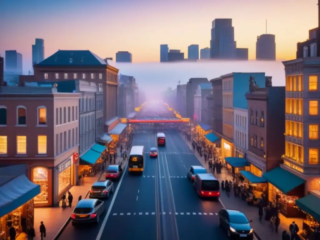 Metrópolis en transformación: luces y diversidad urbana al atardecer Gentrificación en desarrollo urbano metrópolis: Una ciudad vibrante al atardecer con rascacielos iluminados y diversidad de personas en las calles